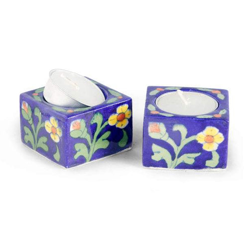 Yellow Flowers and Green Leaves On Blue Base T-Light Holder